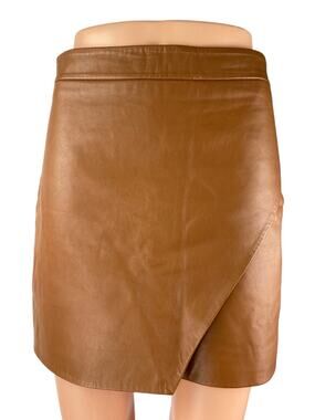 Michelle Mason Faux Vegan Leather Brown Zip Back Mini Pencil Wrap Skirt Size 4